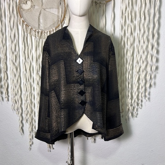 Yushi Black/Metallic Print Hi/Low Lagenlook Swing Jacket Size XL - Picture 1 of 9